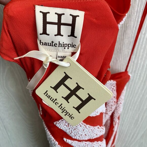 Haute Hippie Blood Orange Cut Out Halter Midi Beaded Zebra Dress *Flaw* XS NWT - Picture 9 of 9